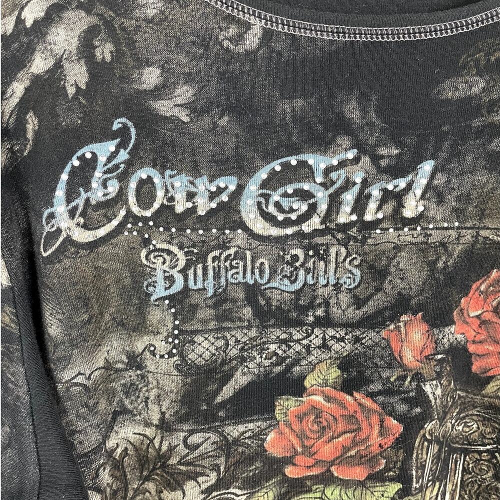 Y2K Cowgirl Rhinstone Shirt Top Roses Buffalo Bill Festival Boho Size Large - Picture 2 of 6